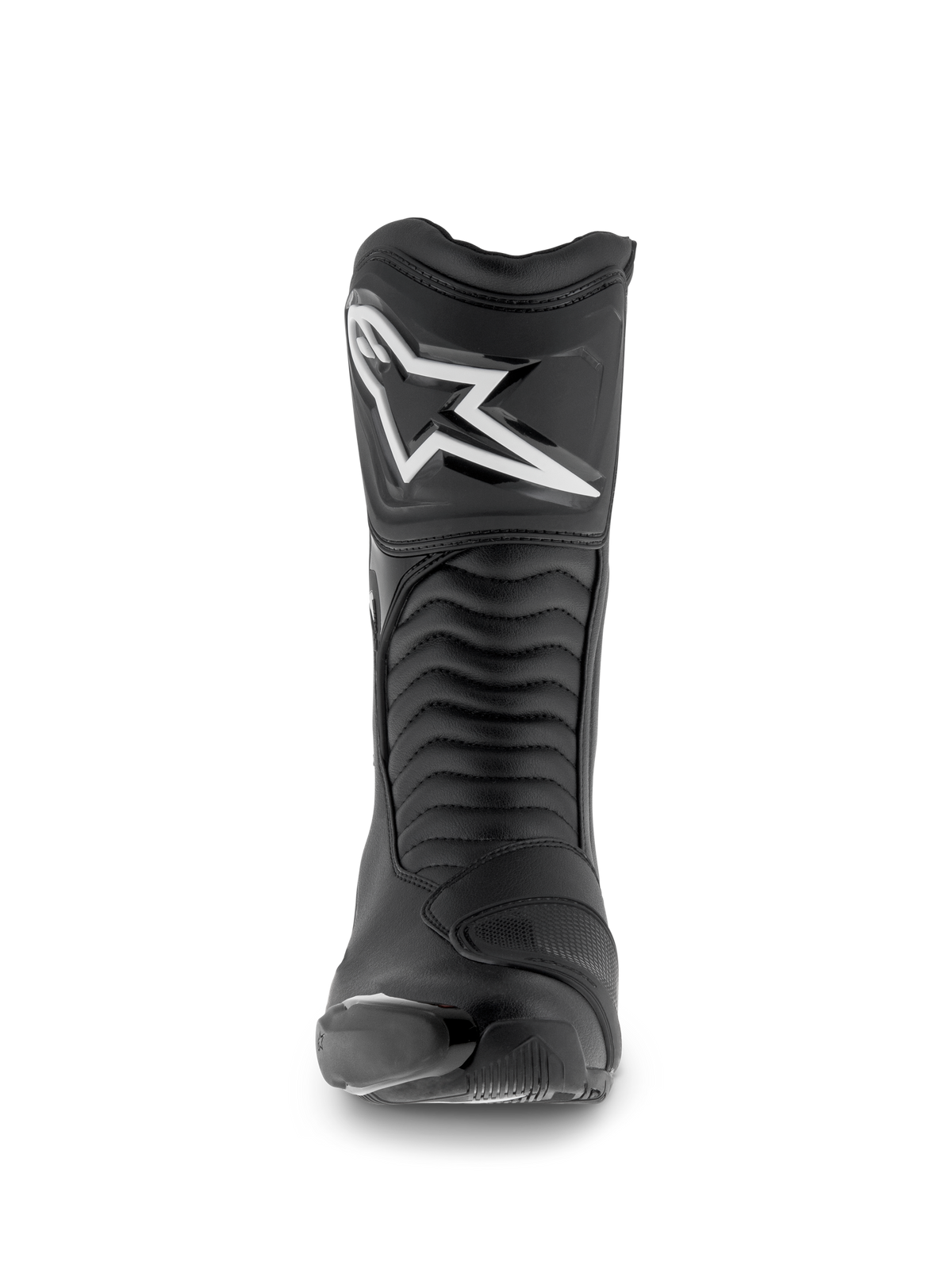 Alpinestars SMX S Waterproof Boots, Motorcycle Boots, Black, front view featuring the white Astar logo on the shin plate, accordion flex panels, and durable microfiber construction for sport-touring.