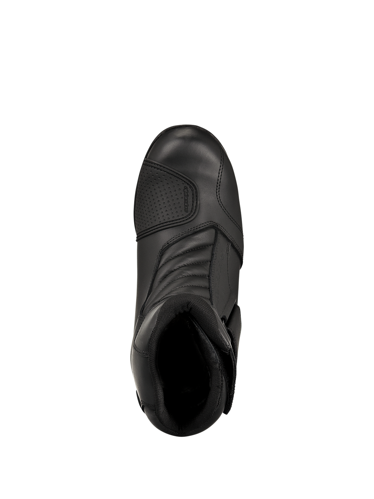 Alpinestars New Land GORE-TEX Boots, Black, top-down view, featuring full-grain leather construction, front accordion flex zones, and a reinforced shift pad, mid-length waterproof road touring motorcycle boots