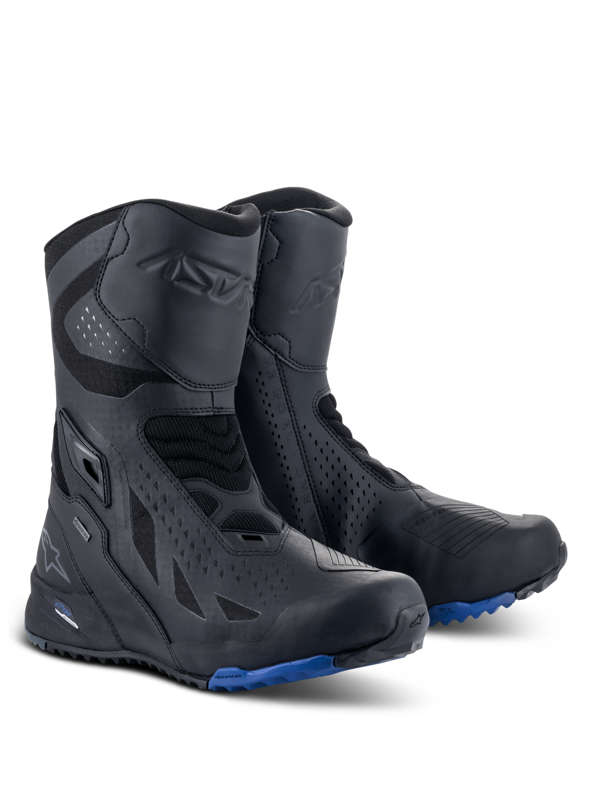 Alpinestars RT-8 GORE-TEX Boots, Motorcycle Touring Boots, Black Blue, featuring a technical microfiber and synthetic textile upper, blue lugged sole for traction, waterproof GORE-TEX construction, and protective shin and heel areas.