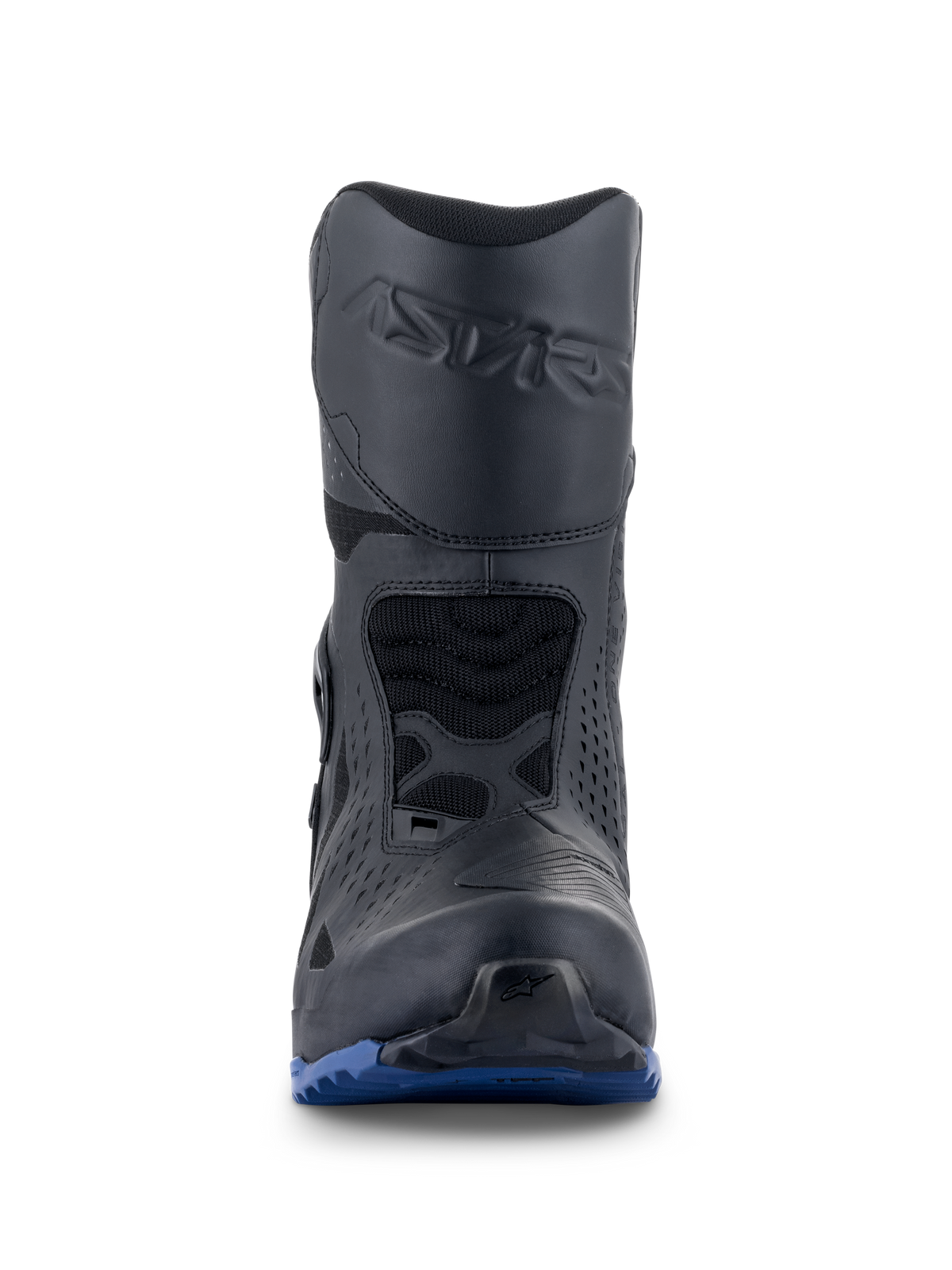 Alpinestars RT-8 GORE-TEX Boots, Motorcycle Touring Boots, Black and Blue, front-facing view featuring embossed Astars branding on the shin, protective shift pad, and a rugged blue outsole for all-terrain traction