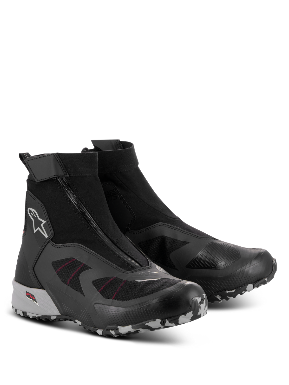 Alpinestars CR-8 GORE-TEX Shoes, Waterproof Motorcycle Riding Shoes, Black Mid Gray and Bright Red, featuring an angled zipper, high-cut stretch bootie construction, and durable lugged sole with camouflage pattern