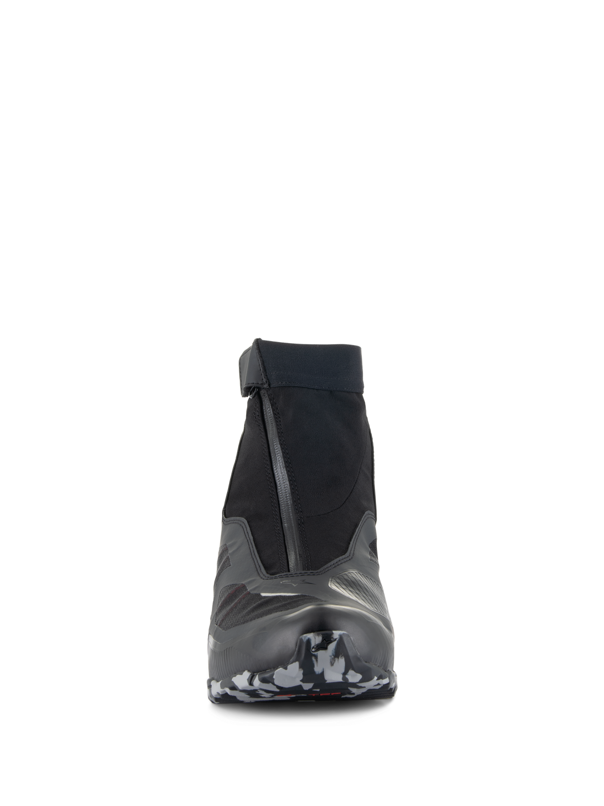 Alpinestars CR-8 GORE-TEX Shoes, Motorcycle Riding Shoes, Black Mid Gray and Bright Red, front view featuring an angled waterproof zipper and elasticated collar, camouflage-patterned sole, sleek waterproof touring design