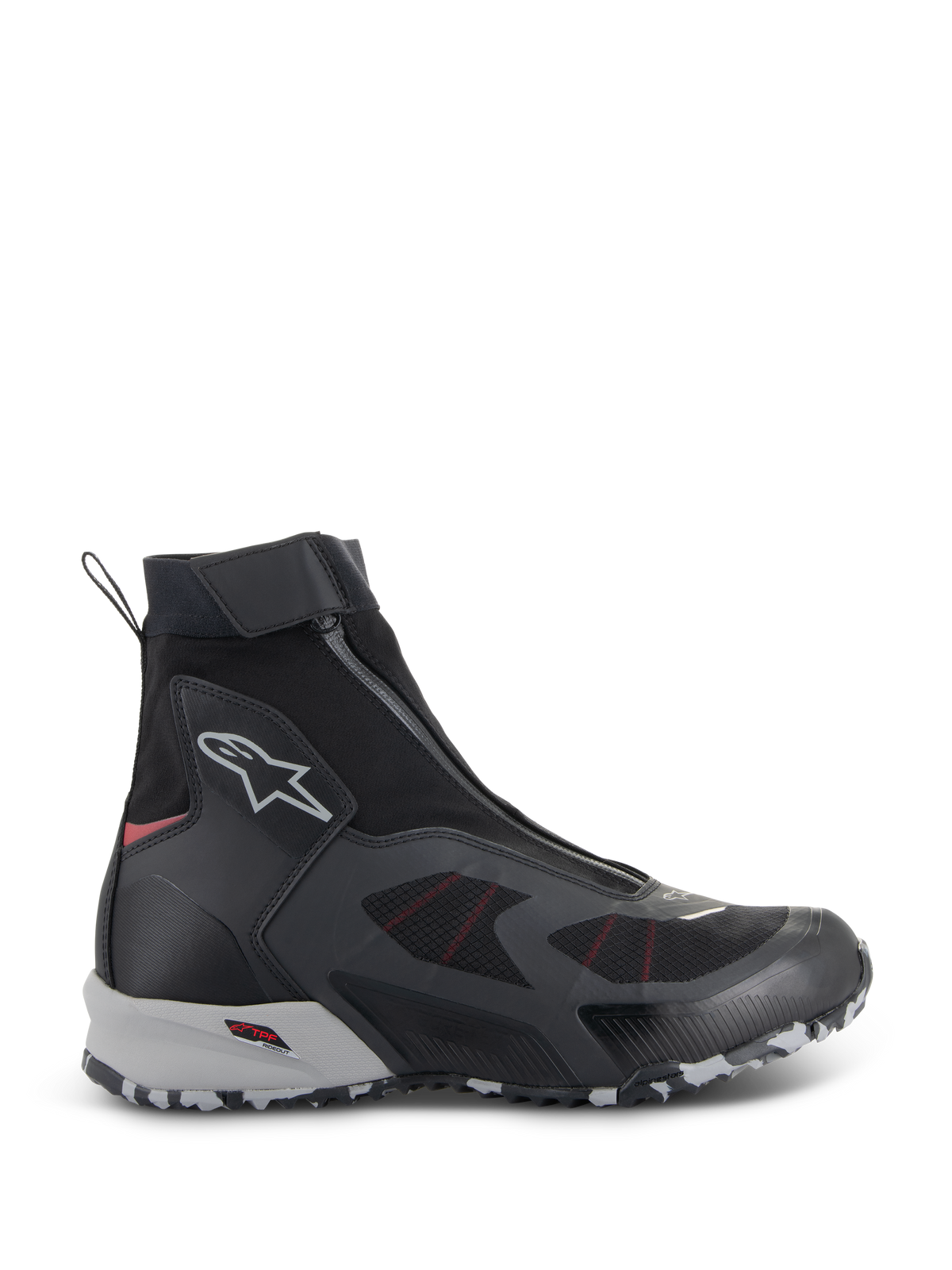Alpinestars CR-8 GORE-TEX Shoes, Waterproof Motorcycle Riding Boots, Black and Mid Gray with Bright Red accents, high-top design with an angled front zipper, seamless textile construction, and a rugged gray and white marbled sole.