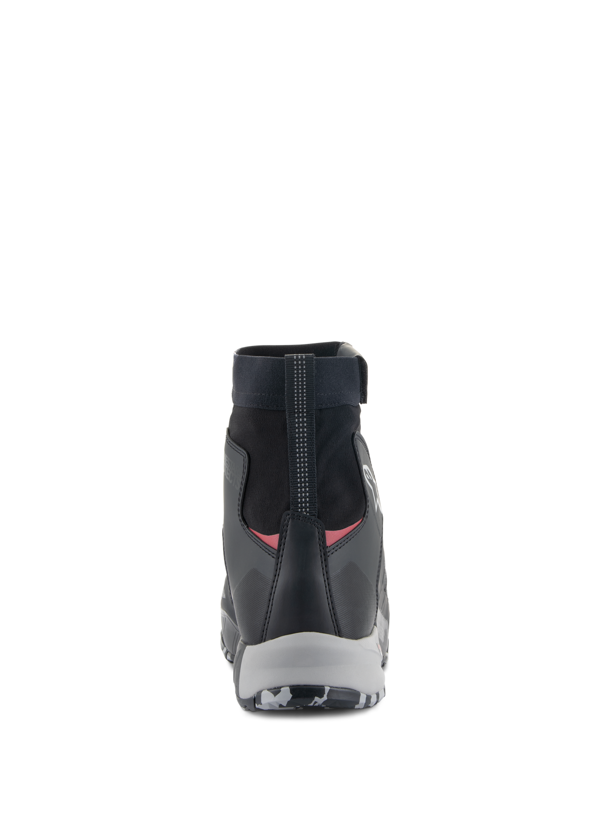 Alpinestars CR-8 GORE-TEX Shoes, Waterproof Riding Shoes, Black Mid Gray and Bright Red, rear view highlighting high-cut elasticated collar, reinforced heel counter, and gray midsole.