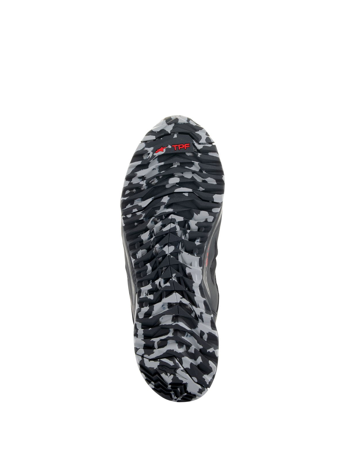 Alpinestars CR-8 GORE-TEX Shoes, Outsole View, Black and Mid Gray Camouflage pattern, Red TPF logo on textured rubber sole, waterproof touring footwear detail