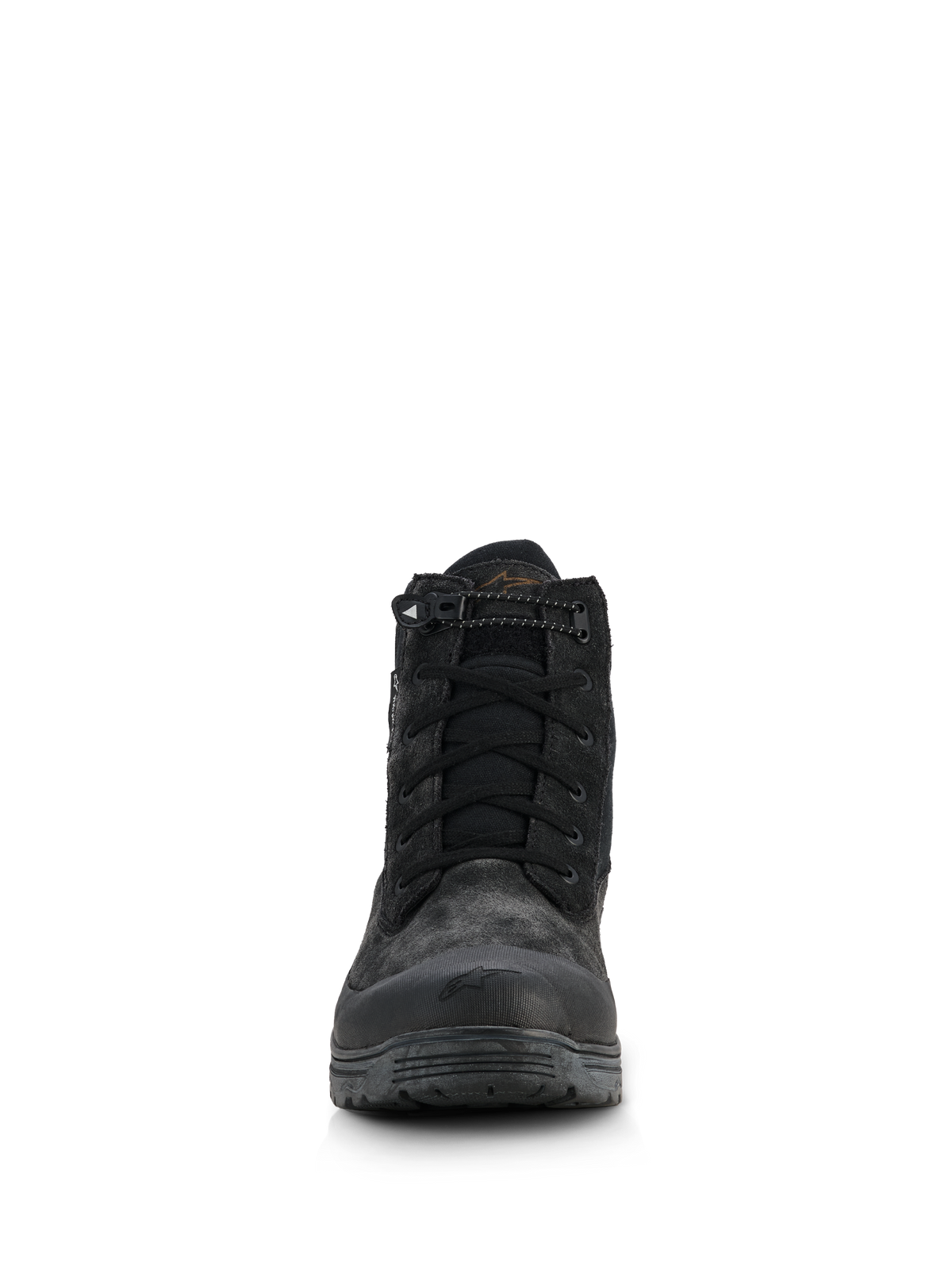Alpinestars Woman Judy Waterproof Boots, Women's Motorcycle Riding Boots, Black, front view featuring a combat-style design, lace-up closure with an elasticated drawstring at the collar, matte finish with rubber toe reinforcement and elevated sole