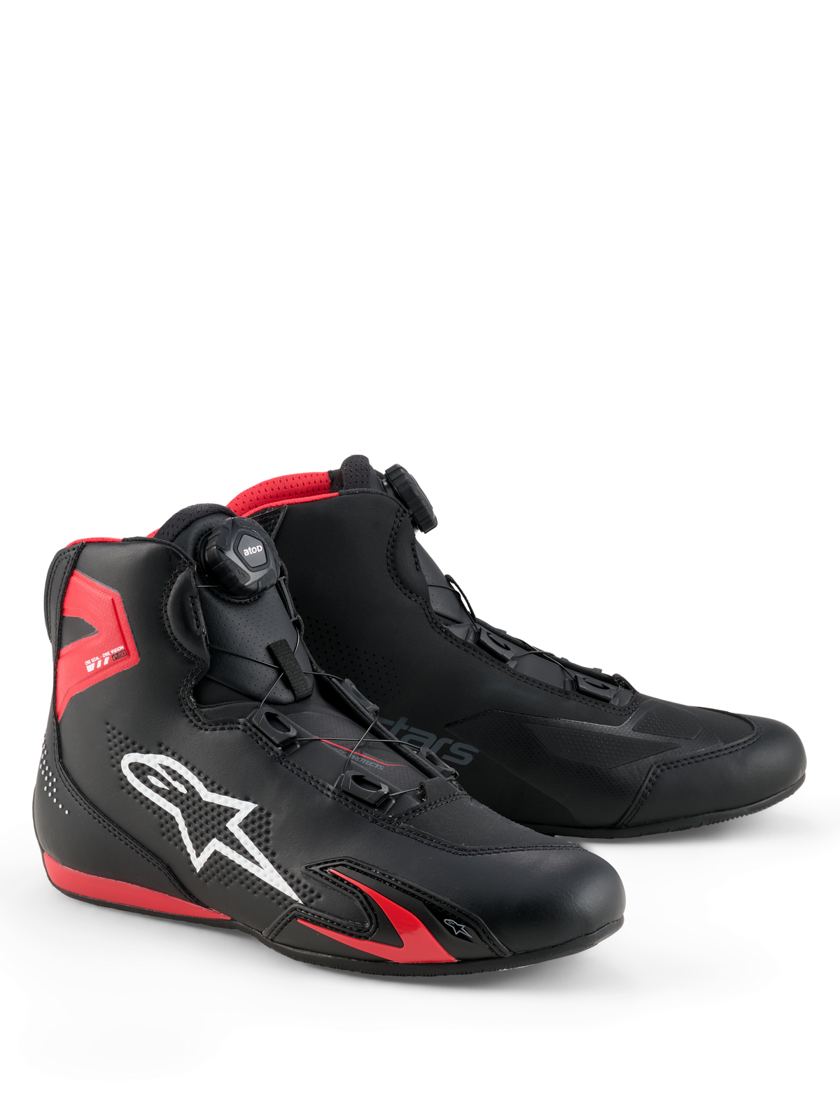 Alpinestars Celer Shoes, Motorcycle Riding Shoes, Black and Bright Red, featuring white Astars logo, micrometric dial closure system, and technical microfiber construction with red TPU accents, streamlined sporty design for racing and street riding
