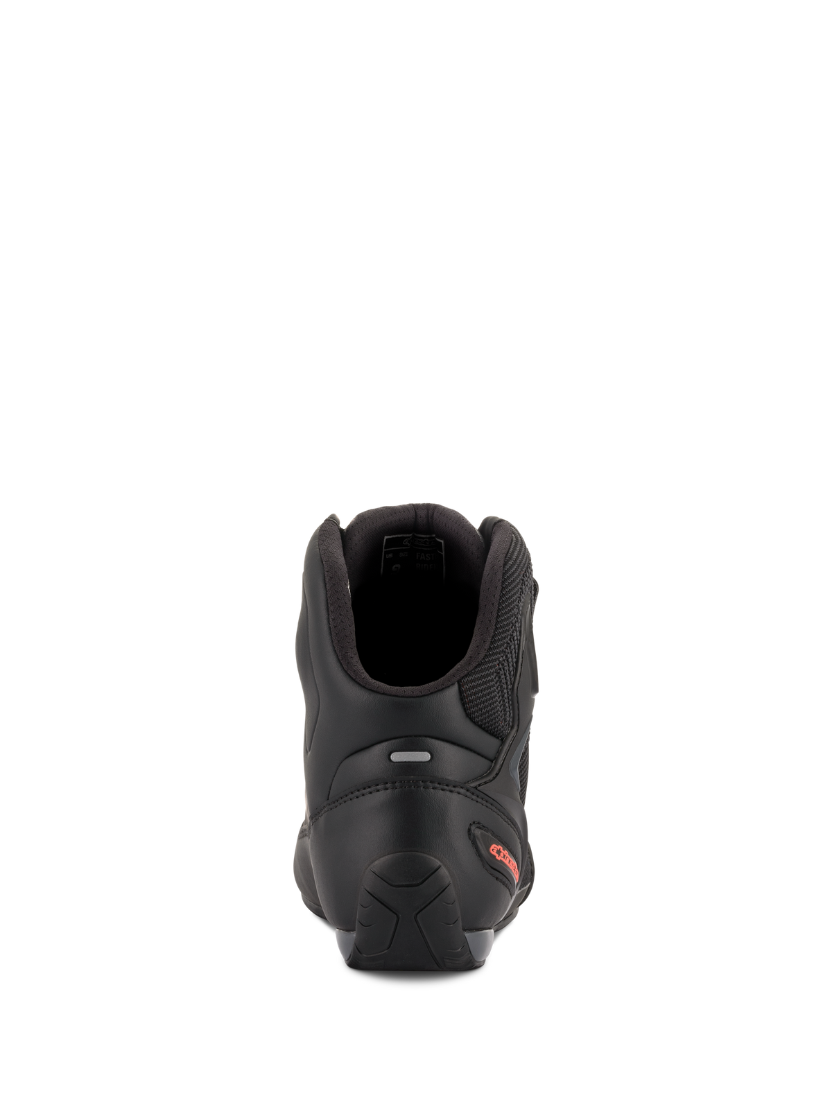 Alpinestars Faster-3 Rideknit® Shoes, Motorcycle Riding Shoes, Black and Red Fluo, rear view highlighting the TPR heel counter, padded ankle collar, and red logo detail on the heel.