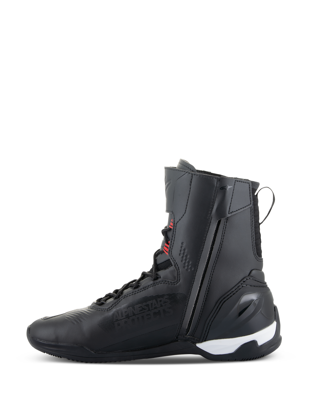 Alpinestars Superfaster Shoes, high-top motorcycle riding shoes, Black with Bright Red and White accents, featuring a medial side zipper, speed lace system, and reinforced TPU heel counter, sleek athletic design for road and sport riding
