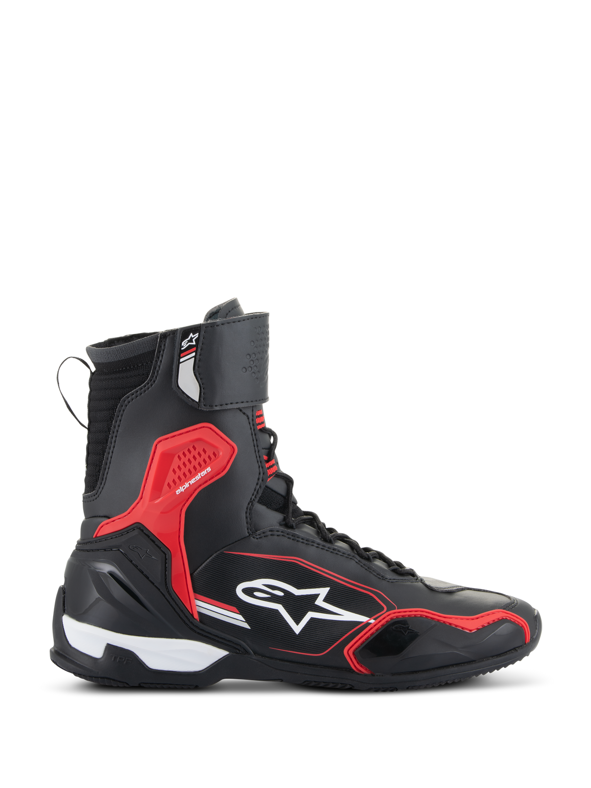 Alpinestars Superfaster Shoes, Motorcycle Riding Shoes, Black Bright Red and White, side view featuring a tall collar, red TPU impact protection, and white Alpinestars logo, sport-oriented protective road footwear