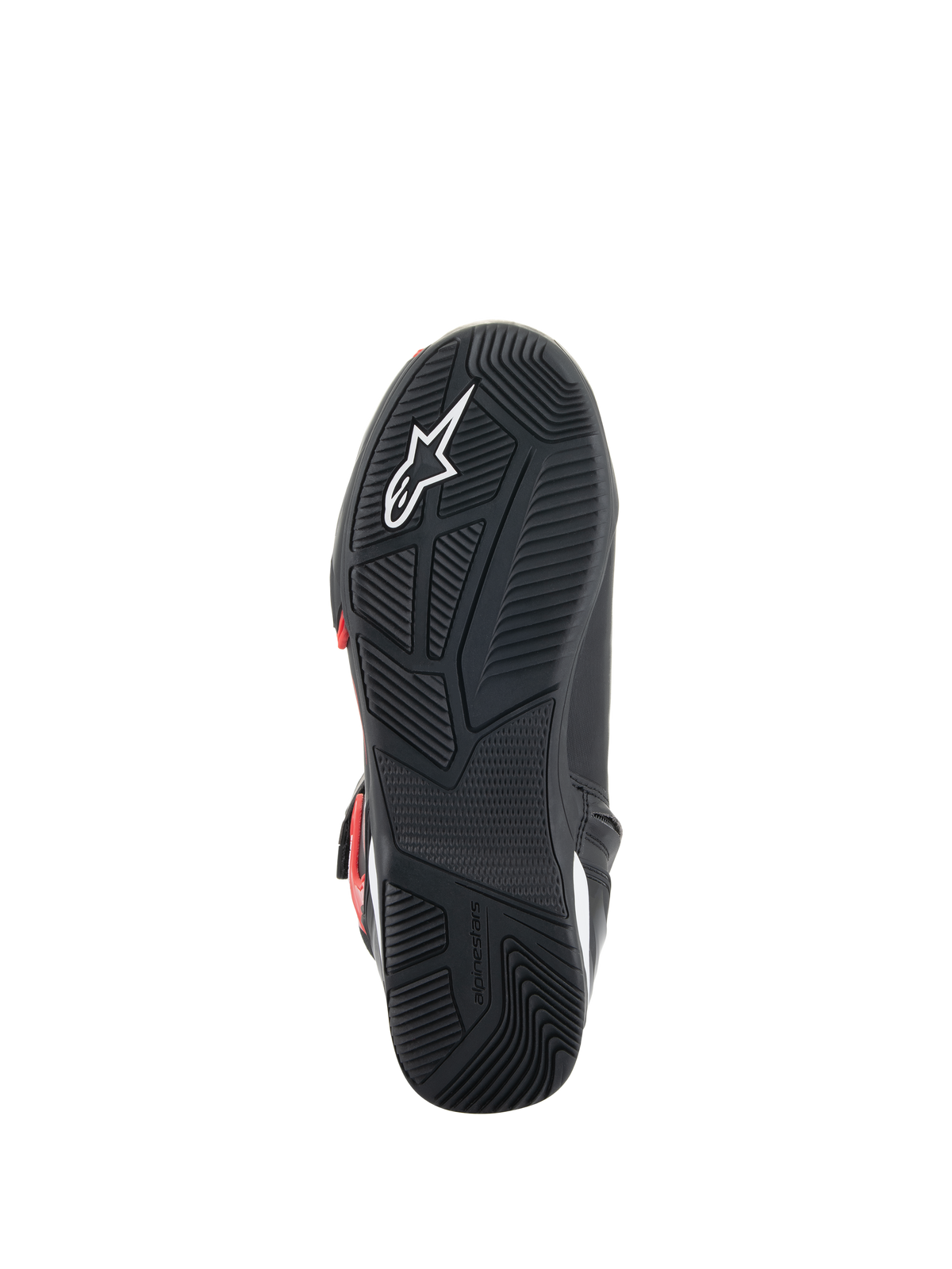 Alpinestars Superfaster Shoes, sole view, black rubber outsole with engineered grip pattern, featuring white Astars logo and embossed Alpinestars branding, designed for motorcycle riding and walking comfort