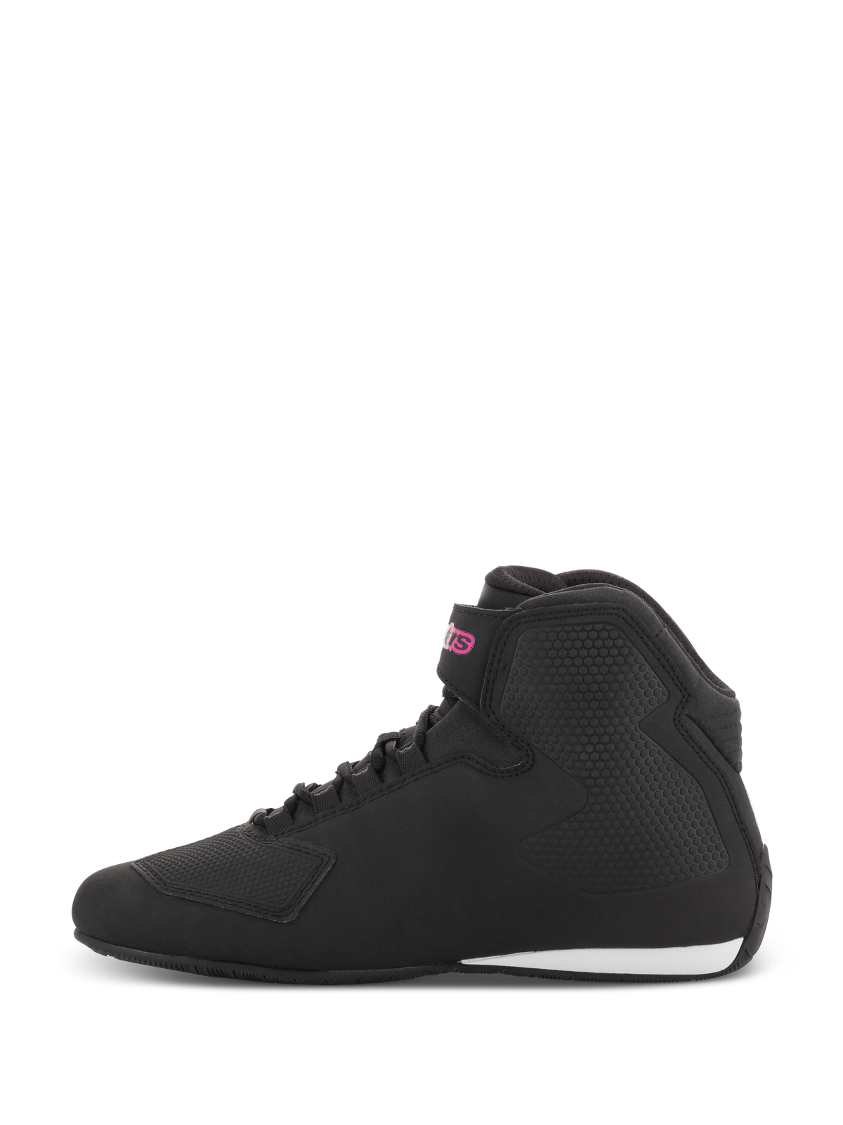 Alpinestars Women Stella Sektor Shoes, Motorcycle Riding Shoes, Black and Fuchsia, side profile featuring a black microfiber upper with a pink logo on the ankle strap and a white accent on the heel.