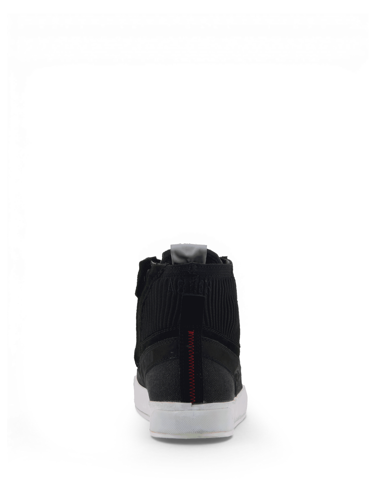 Alpinestars Stated Shoes, men's black urban riding sneakers in nubuck and canvas, rear view with white soles.