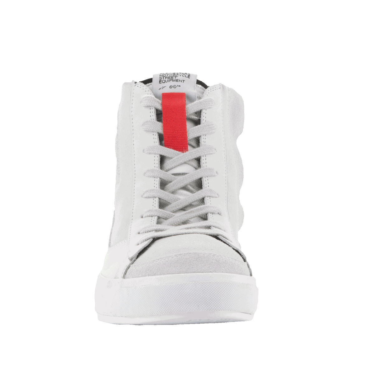 Alpinestars Stated Shoes, urban motorcycle riding shoes in White and Gray with a red accent and skate-inspired design.
