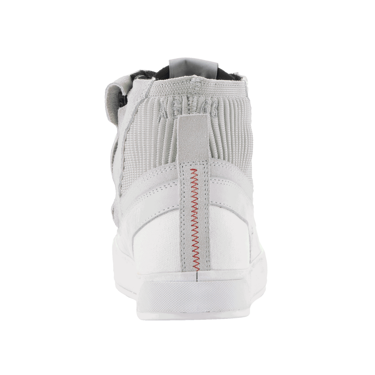 Alpinestars Stated Shoes, Gray and White urban riding shoes featuring red heel stitching and a knitted mesh ankle collar.