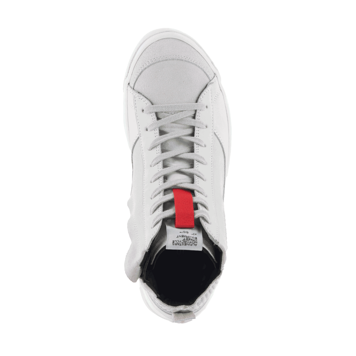 Alpinestars Stated Shoes, Men's Urban Riding Shoes, White and Cool Gray, top-down view of suede skate-inspired sneaker.