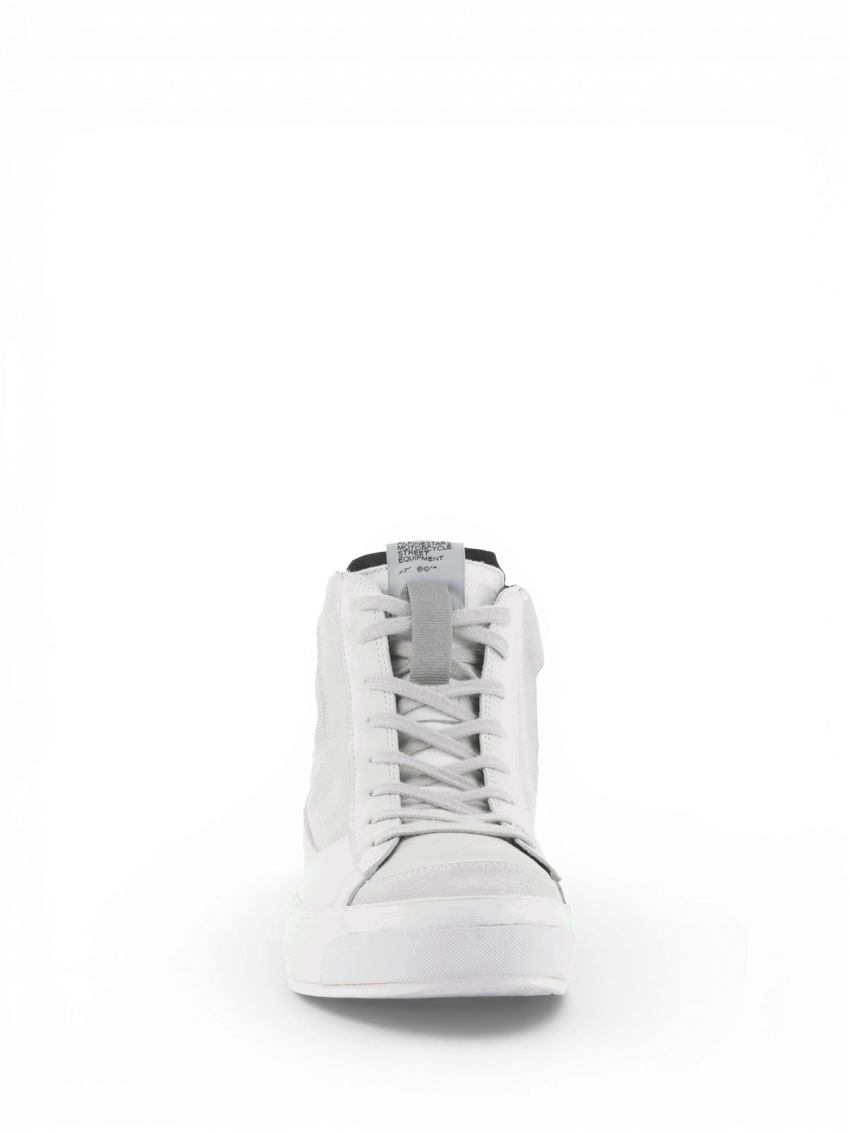 Alpinestars Stella Stated Podium Shoes, women's urban motorcycle riding shoes, white and cool gray leather sneaker.