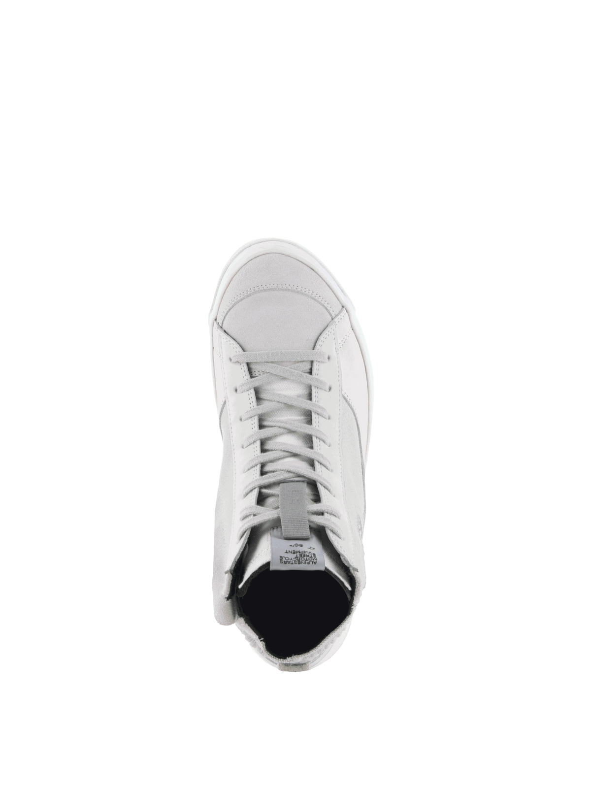 Alpinestars Stella Stated Podium Shoes, women's white and cool gray urban motorcycle riding sneakers, top-down view.