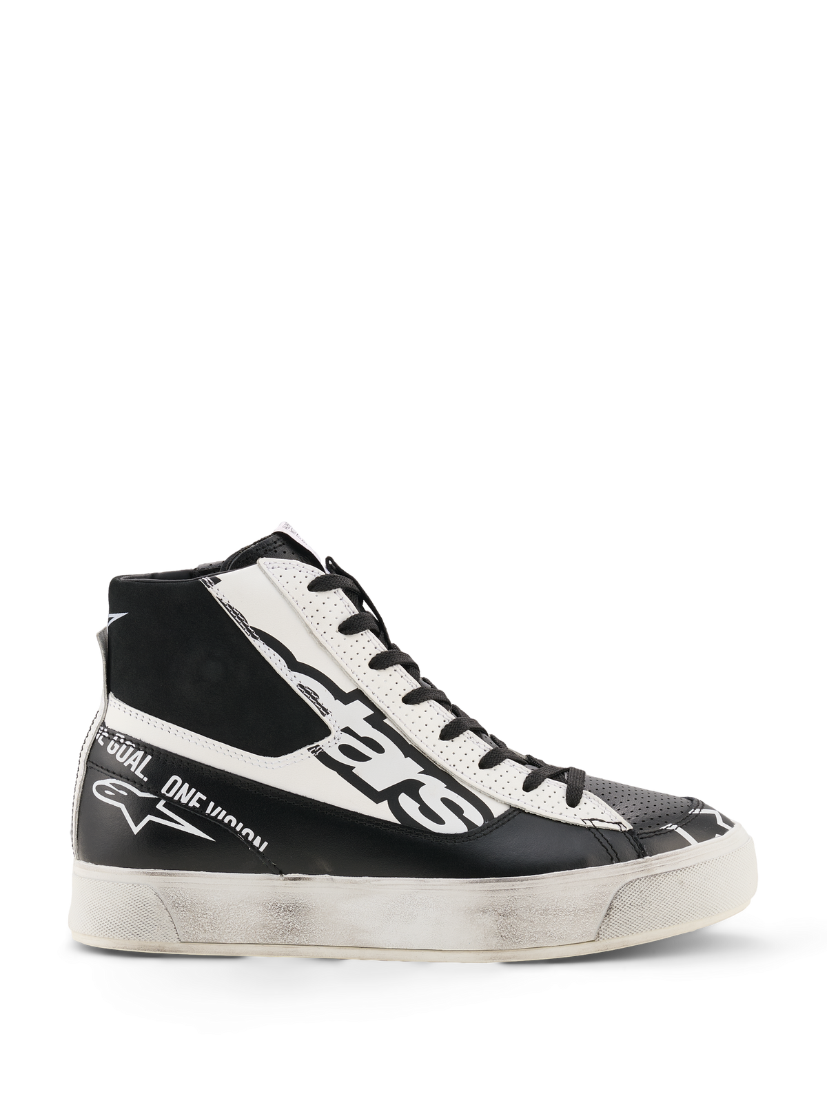 Alpinestars Stella Stated Flair Shoes, Women's High-Top Riding Shoes, Black and White, featuring perforated leather panels, bold logo branding, and a distressed worn-look sole, motorsport-inspired urban streetwear.