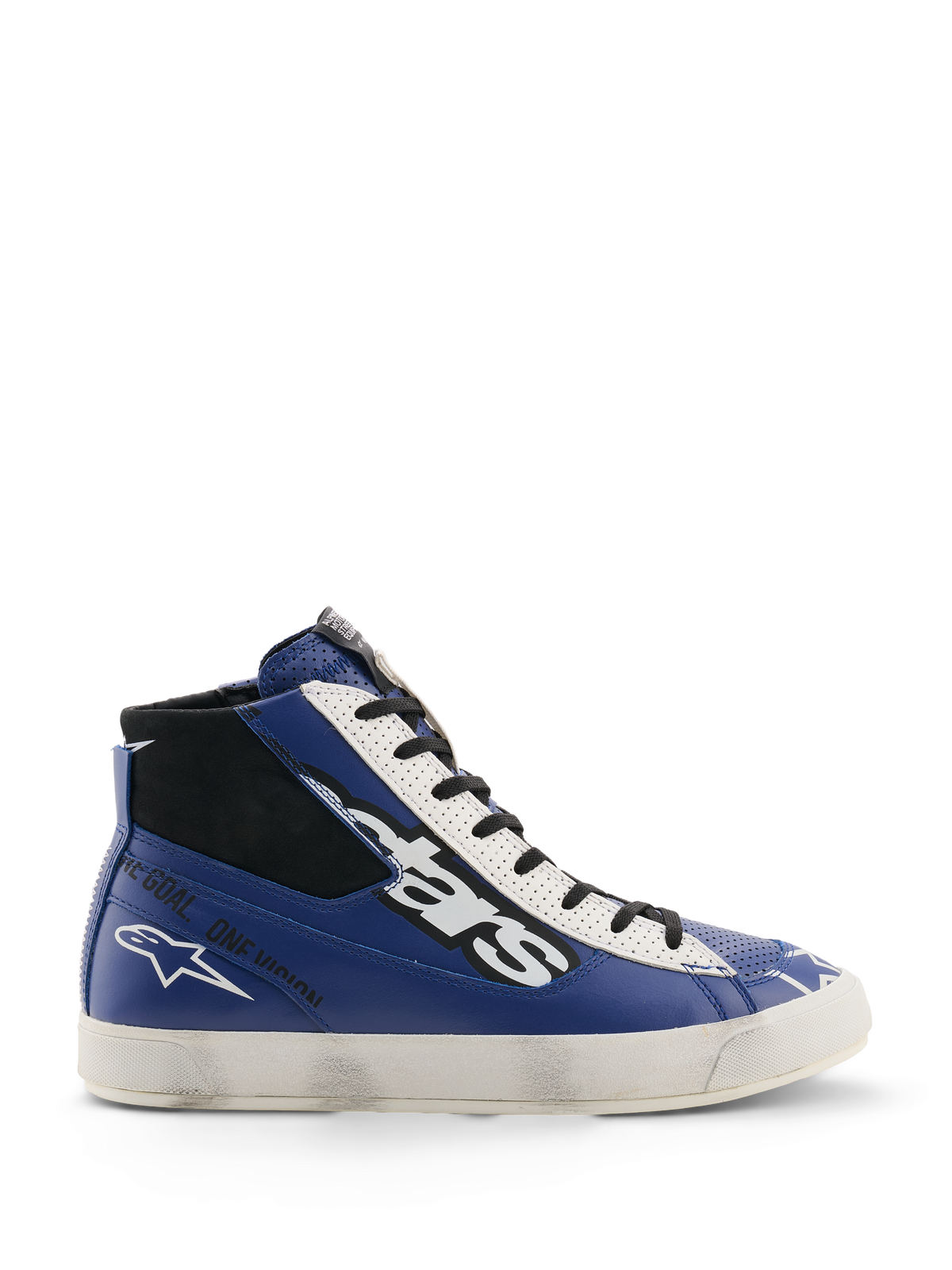 Alpinestars Stated Flair Shoes, Urban Motorcycle Riding Shoes, Bright Blue White and Black, high-top leather construction with a large white and black stars logo, 'One Goal. One Vision.' text on the side, and a vintage-inspired white vulcanized sole featuring a hand-applied worn effect.