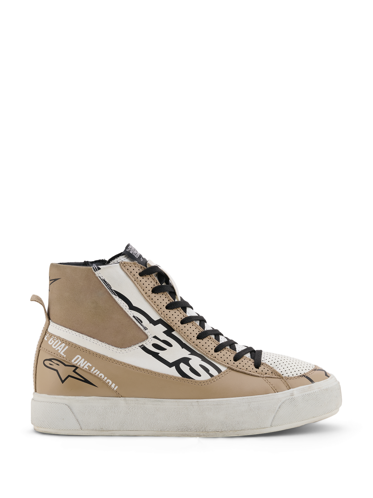 Alpinestars Stella Stated Flair Shoes, Women's High-Top Motorcycle Riding Shoes in Warm Gray and White, featuring black laces, perforated leather details, and 'One Goal. One Vision.' text on the side.