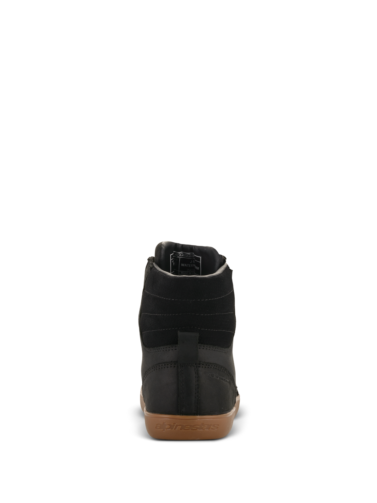 Alpinestars J-6 Waterproof Shoe, Motorcycle Riding Shoe, Black and Gum, Rear view featuring high-quality black leather upper, horizontal ankle stitching, and gum rubber sole with embossed Alpinestars branding.