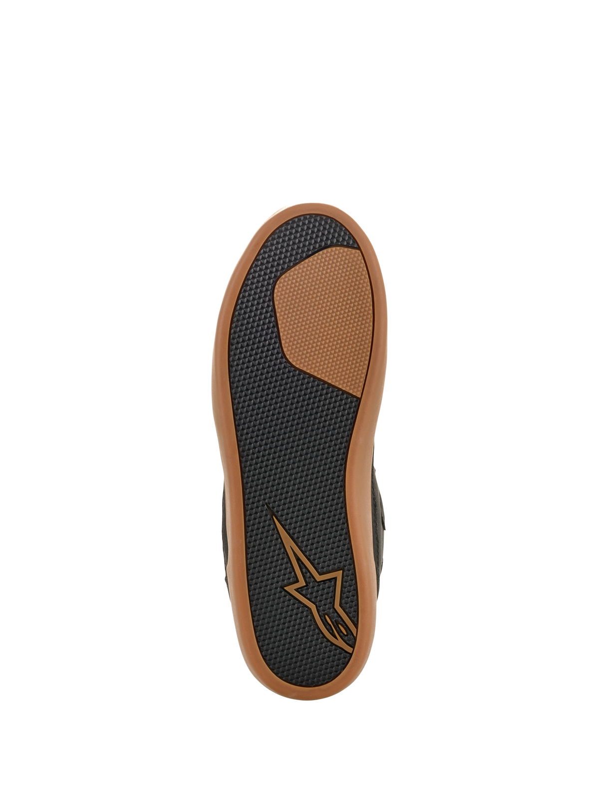 Alpinestars J-6 Waterproof Shoe, bottom sole view, Black and Gum, textured rubber tread for grip and durability, featuring tan Astars logo and gum-colored outer rim, sneaker-style motorcycle footwear