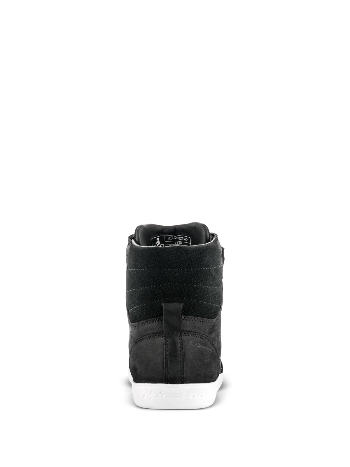 Alpinestars J-6 Waterproof Shoe, Motorcycle Riding Shoe, Black and White, rear view showing the heel and textured leather upper with a white rubber sole