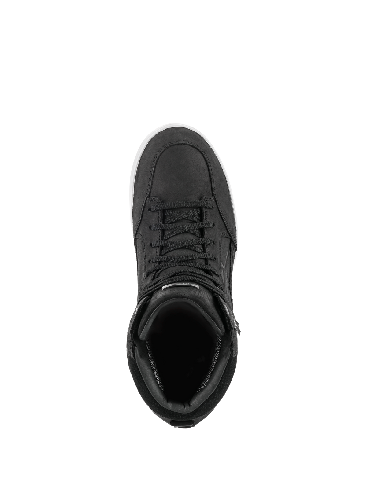 Alpinestars J-6 Waterproof Shoe, Black and White, top-down view of sneaker-style motorcycle riding boot, premium black leather construction with matching laces and white sole detail, urban road riding footwear