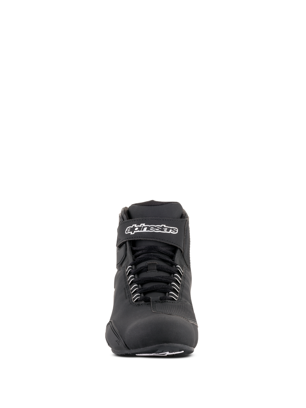 Alpinestars Sektor Waterproof Shoes, Black Riding Shoes, front view featuring black laces and a Velcro ankle strap with white Alpinestars logo, sleek microfiber design for all-weather motorcycle performance