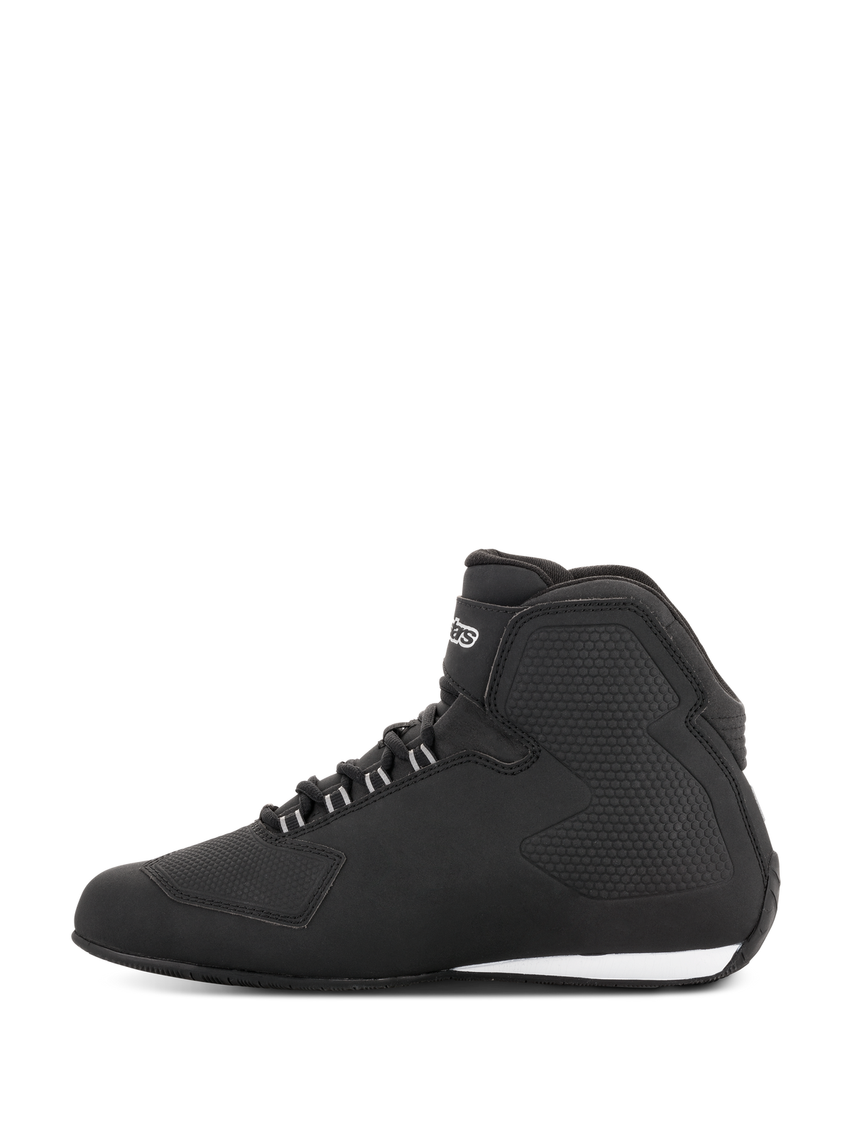 Alpinestars Stella Sektor Waterproof Shoes, Women's Riding Shoes, Black Silver, side profile view featuring a lightweight microfiber upper, speed lace system with silver accents, and sleek waterproof construction with integrated protection panels.