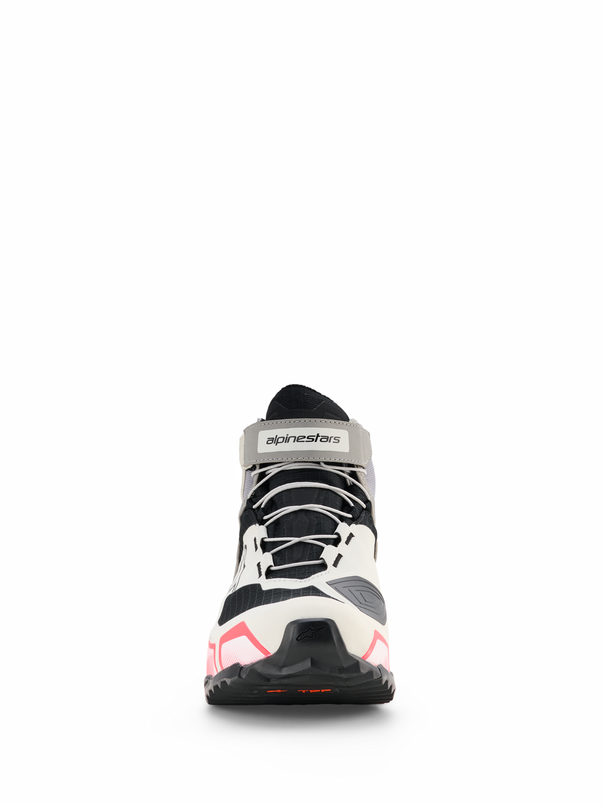 Alpinestars CR-X Women's Drystar® Riding Shoes, Women's Motorcycle Riding Shoes, White Mid Gray Black and Diva Pink, front view featuring gray laces and branded ankle strap, athletic-style design with pink accents on the sole, waterproof riding footwear