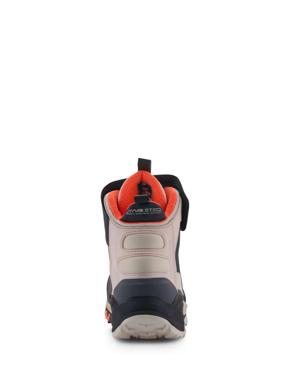 Alpinestars Speedstreet Shoes, Motorcycle Riding Shoes, Black Almond and Hot Orange, rear view showing reinforced heel counter, almond microfiber panels, bright orange interior lining, and MO.ST.EQ. branding