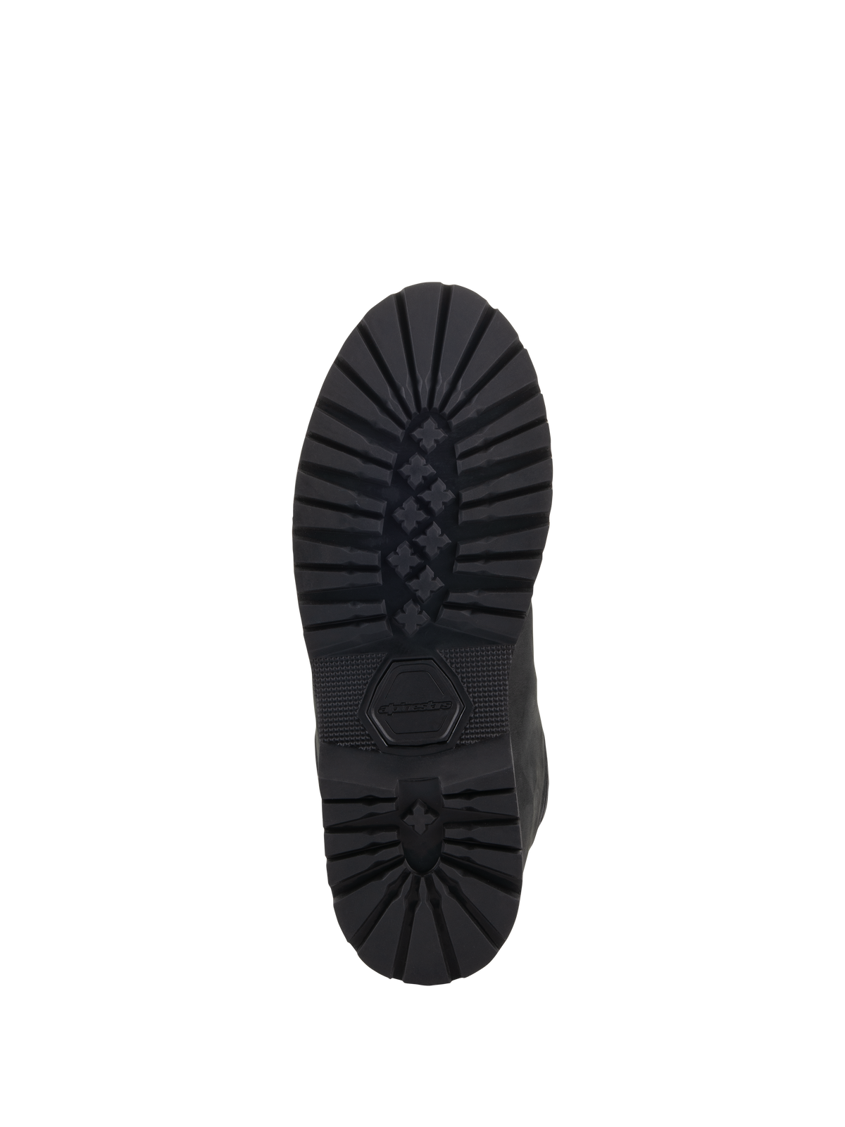 Alpinestars Turnstone Shoes, Black, bottom view of the rugged rubber outsole featuring a deep star-pattern tread and debossed Alpinestars logo, durable urban motorcycle riding footwear