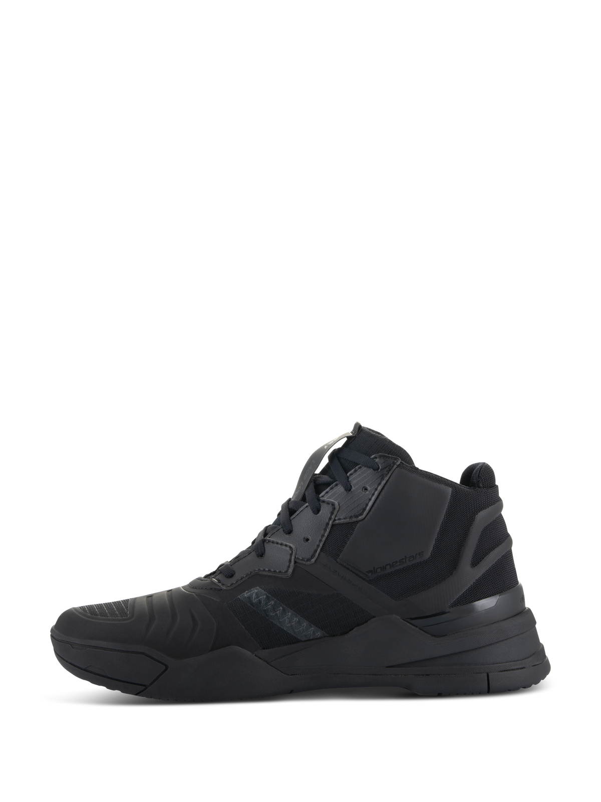 Alpinestars Speedflight Shoes, Black Black, Side profile of performance motorcycle riding shoes, mid-top sneaker-inspired design with ripstop upper and seamless reinforcement panels, durable all-black athletic silhouette