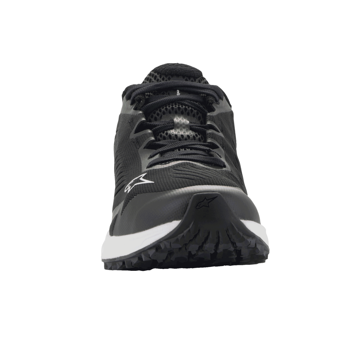 Alpinestars Meta Road V2 Shoes, Sportswear Shoes, Black and White, front view featuring breathable mesh construction, white midsole, and Alpinestars logo on the side and toe, lightweight motorsport-inspired workwear