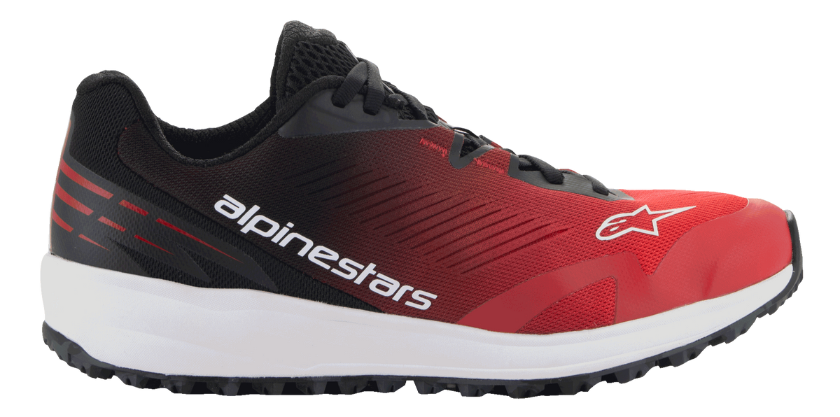 Alpinestars Meta Road V2 Shoes, Sportswear Shoes, Red Black and White, side profile view with a breathable mesh upper, white midsole, black outsole, and bold Alpinestars branding on the side