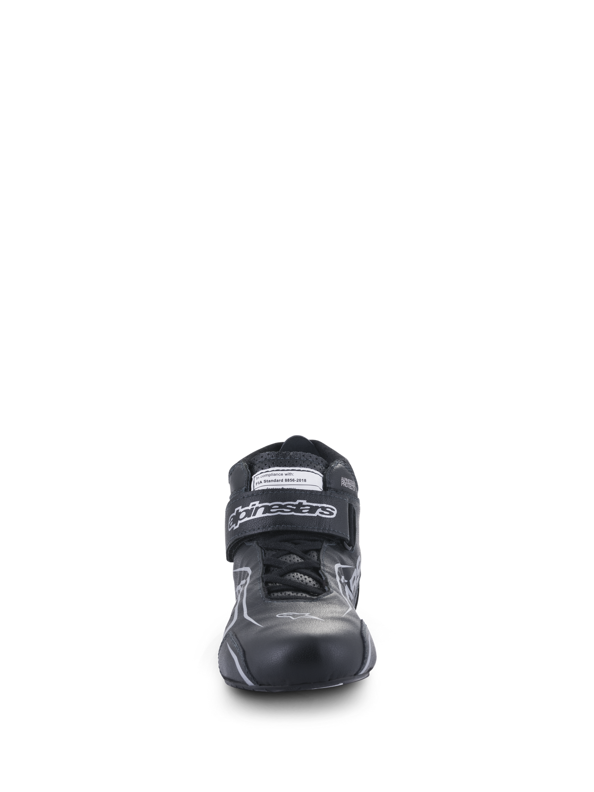 Alpinestars Tech-1 T V3 Shoes FIA, Auto Racing Shoes, Black and Silver, front view featuring bovine leather construction, hook and loop strap with Alpinestars branding, and FIA certification label, high-performance driving footwear