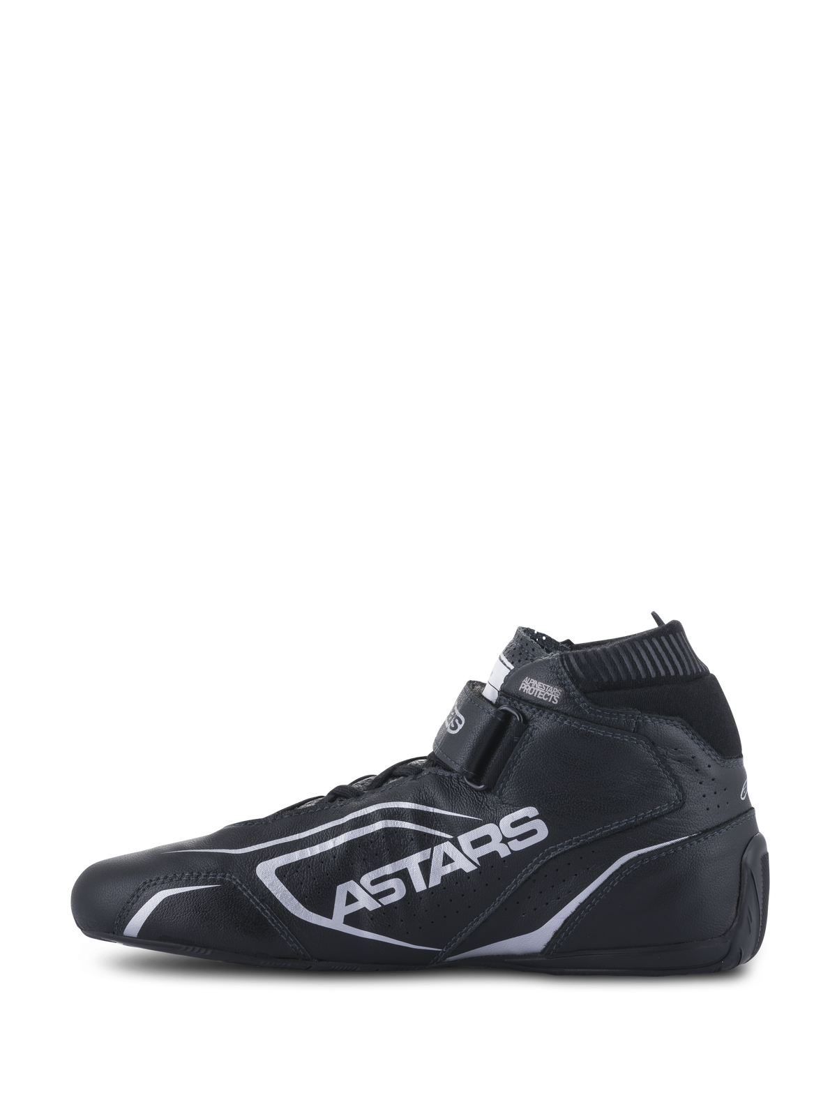 Alpinestars Tech-1 T V3 Shoes FIA, Auto Racing Shoes, Black and Silver, side profile view, full bovine leather construction with silver ASTARS branding, adjustable hook-and-loop strap, and elastic fireproof collar.