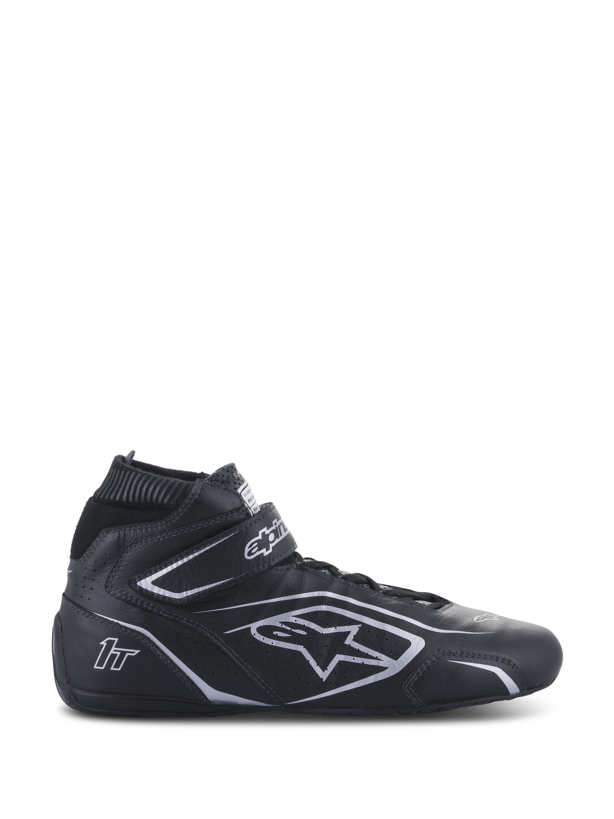 Alpinestars Tech-1 T V3 Shoes FIA, Black and Silver Racing Shoes, High-top leather motorsport footwear with hook and loop ankle strap, Perforated side panels and silver branding, FIA certified for professional auto racing.