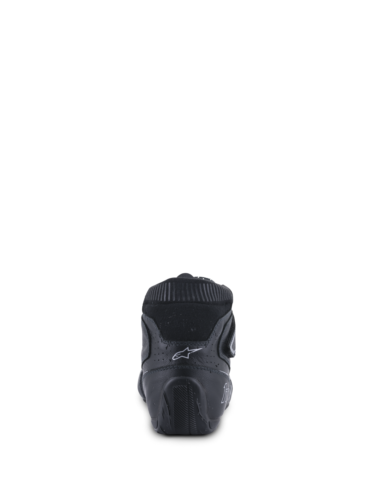 Alpinestars Tech-1 T V3 Shoes FIA, Auto Racing Shoes, Black and Silver, rear view showing the ergonomic heel counter, white Astars logo, and textured rubber sole designed for pedal control.
