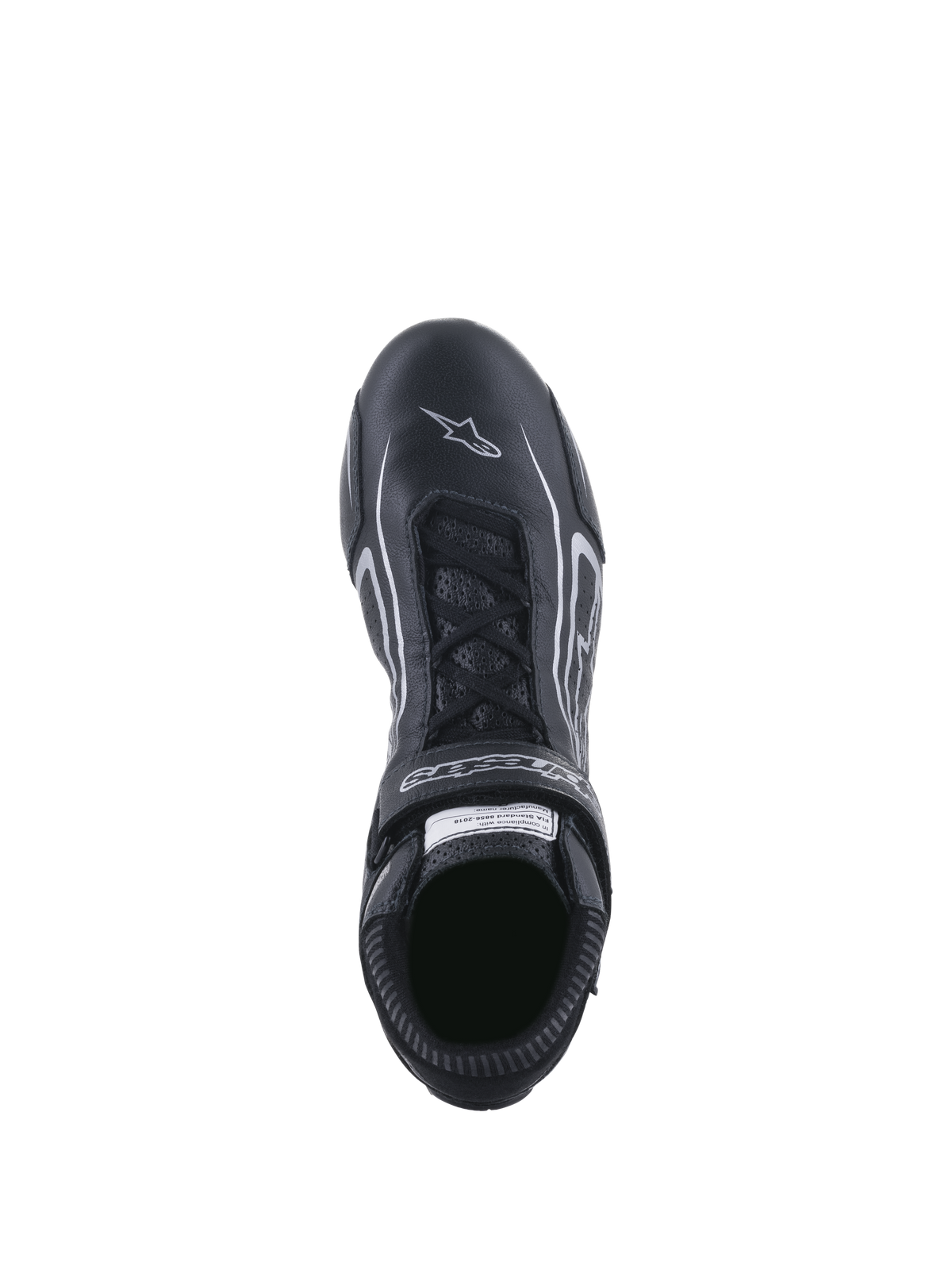 Alpinestars Tech-1 T V3 Shoes FIA, Auto Racing Shoes, Black and Silver, top-down view showing the lacing system and branded hook and loop strap, full-grain bovine leather with white star logo on the toe, professional motorsport footwear.