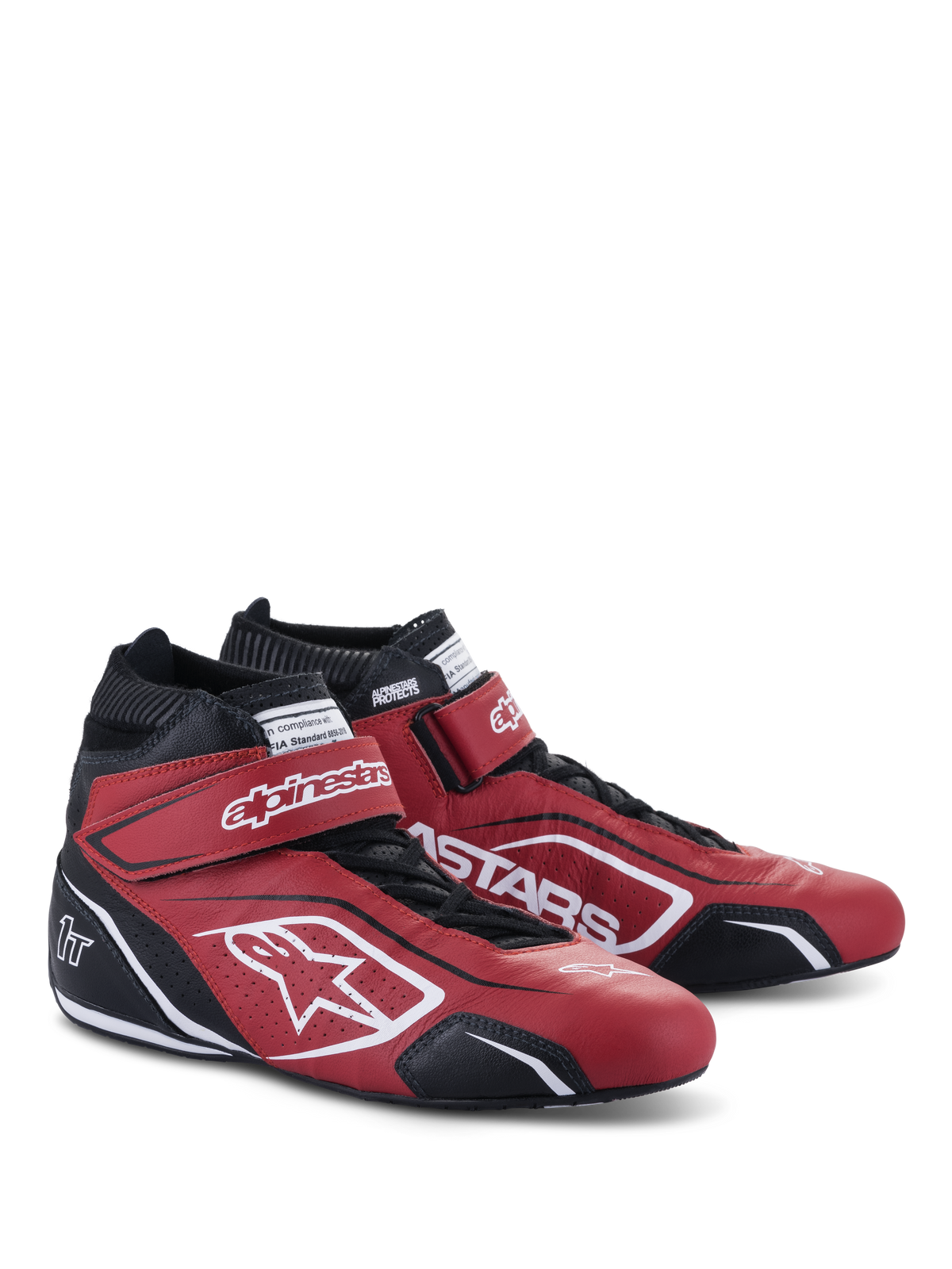 Alpinestars Tech-1 T V3 Shoes FIA, Auto Racing Shoes, Red Black and White, pair of mid-cut leather shoes with adjustable hook and loop straps and traditional laces, featuring bold white Alpinestars branding and perforated side panels.