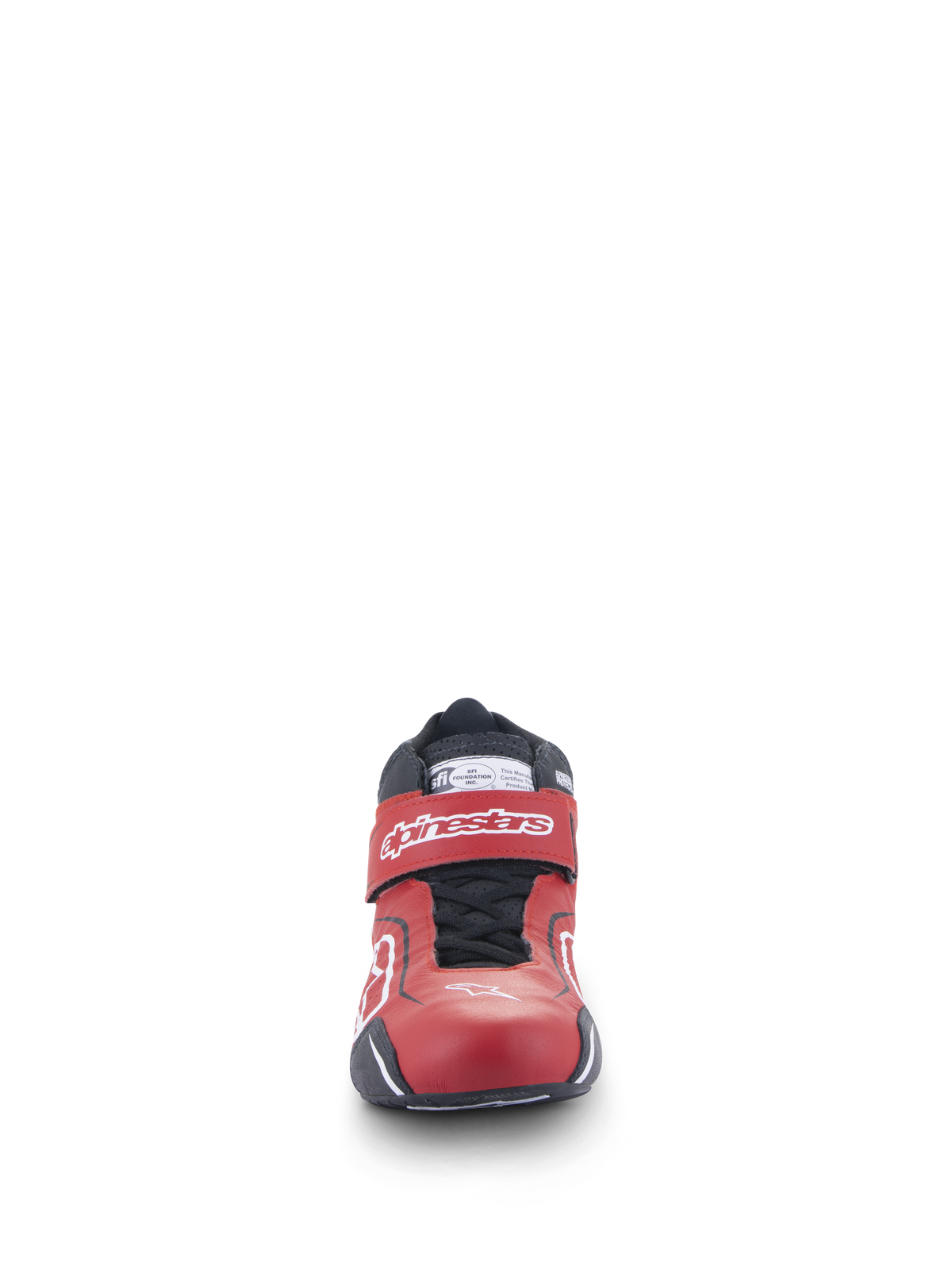 Alpinestars Tech-1 T V3 Shoes FIA, Auto Racing Shoes, Red Black and White, front-facing view showing the sleek leather design, adjustable ankle strap with white logo, and black lace closure system.