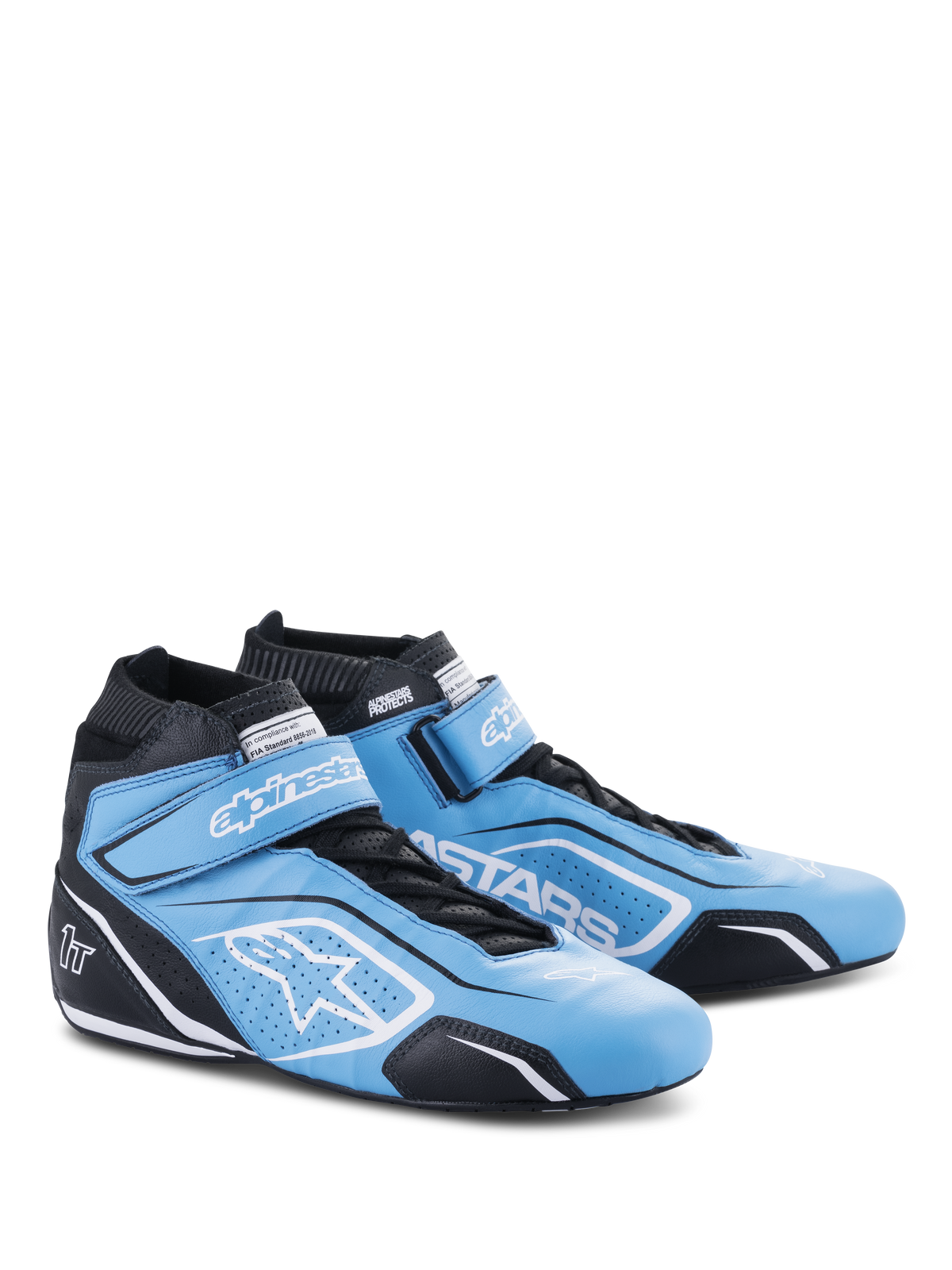 Alpinestars Tech-1 T V3 Shoes FIA, Auto Racing Shoes, Light Blue Black and White, bovine leather construction with hook and loop strap and lace closure, featuring Alpinestars branding and white star logo, professional motorsport footwear