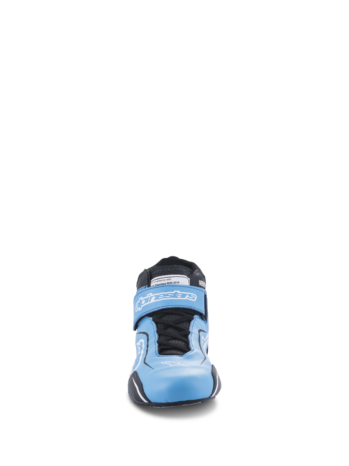 Alpinestars Tech-1 T V3 Shoes FIA, Auto Racing Shoes, Light Blue with Black and White accents, front-facing view showing the dual closure system with laces and a hook-and-loop strap, high-performance leather driving footwear