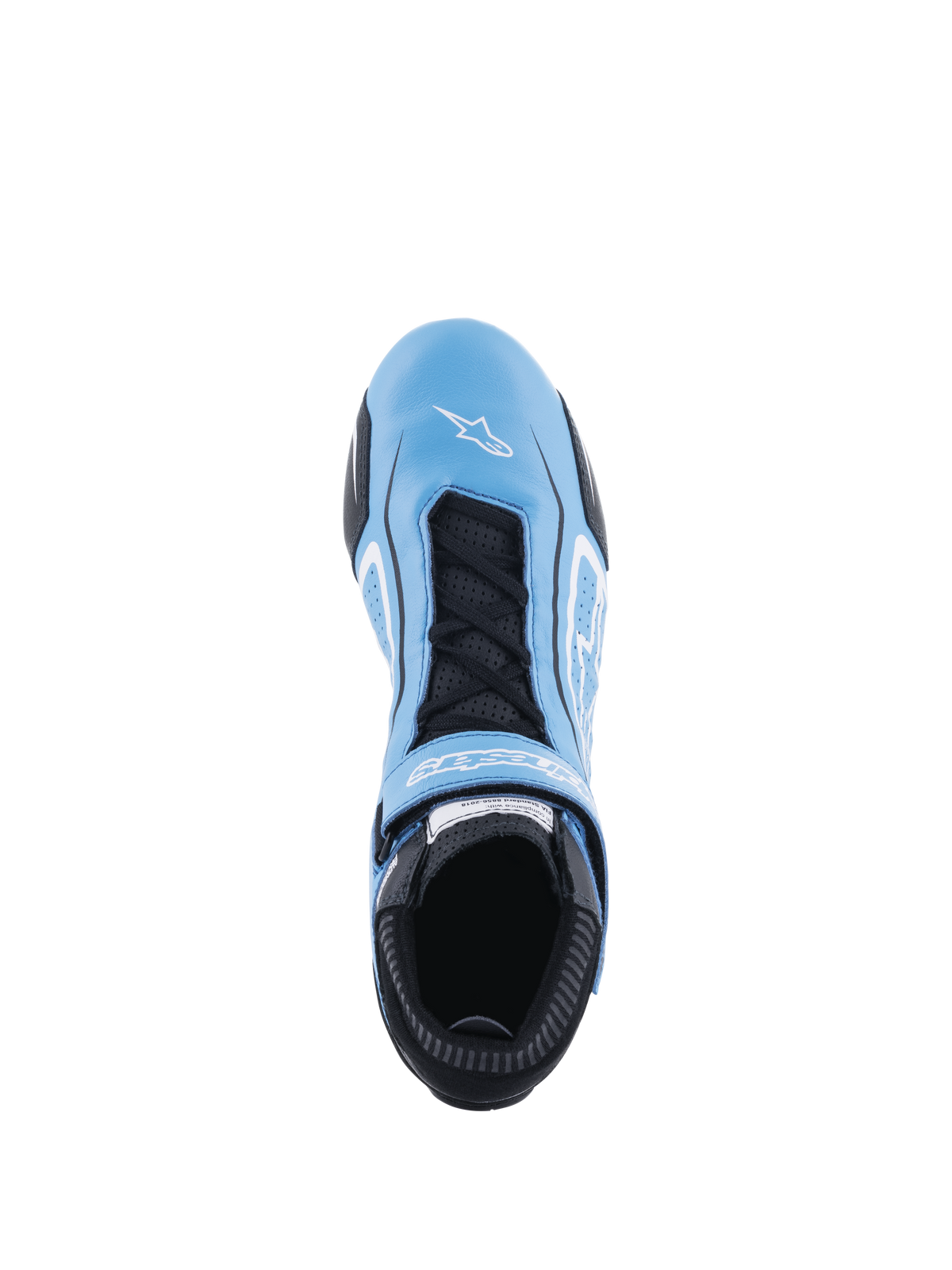 Alpinestars Tech-1 T V3 Shoes FIA, Auto Racing Shoes, Light Blue Black and White, top-down view showing full bovine leather construction, black laces with hook and loop strap, white Alpinestars logo on the toe, and perforated tongue for breathability