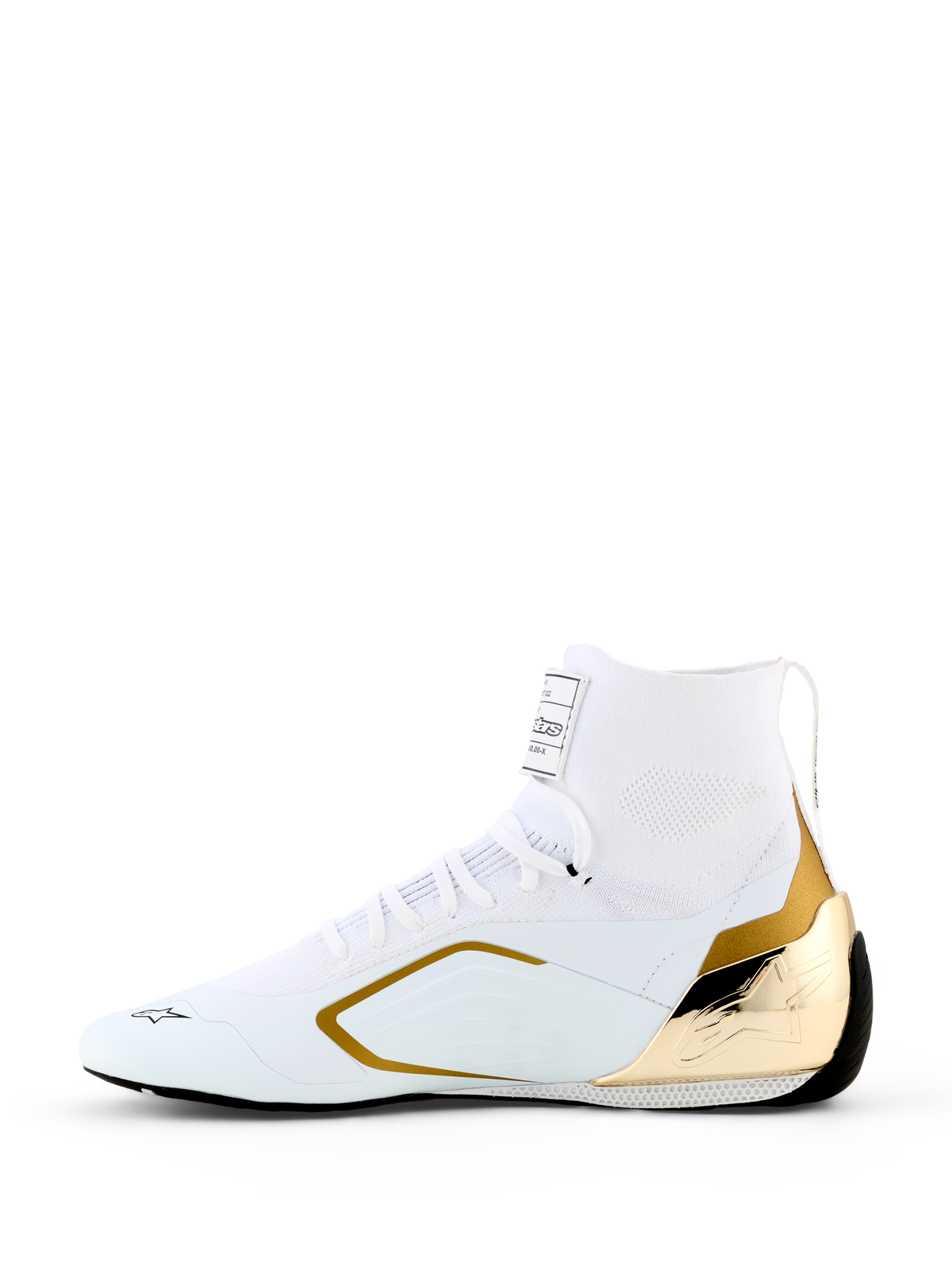 Alpinestars Supertech K Shoes - FIA, Karting Shoes, White and Gold, side profile featuring a white knitted upper with a metallic gold injected TPU heel counter and gold side accents, sleek racing design for professional motorsport