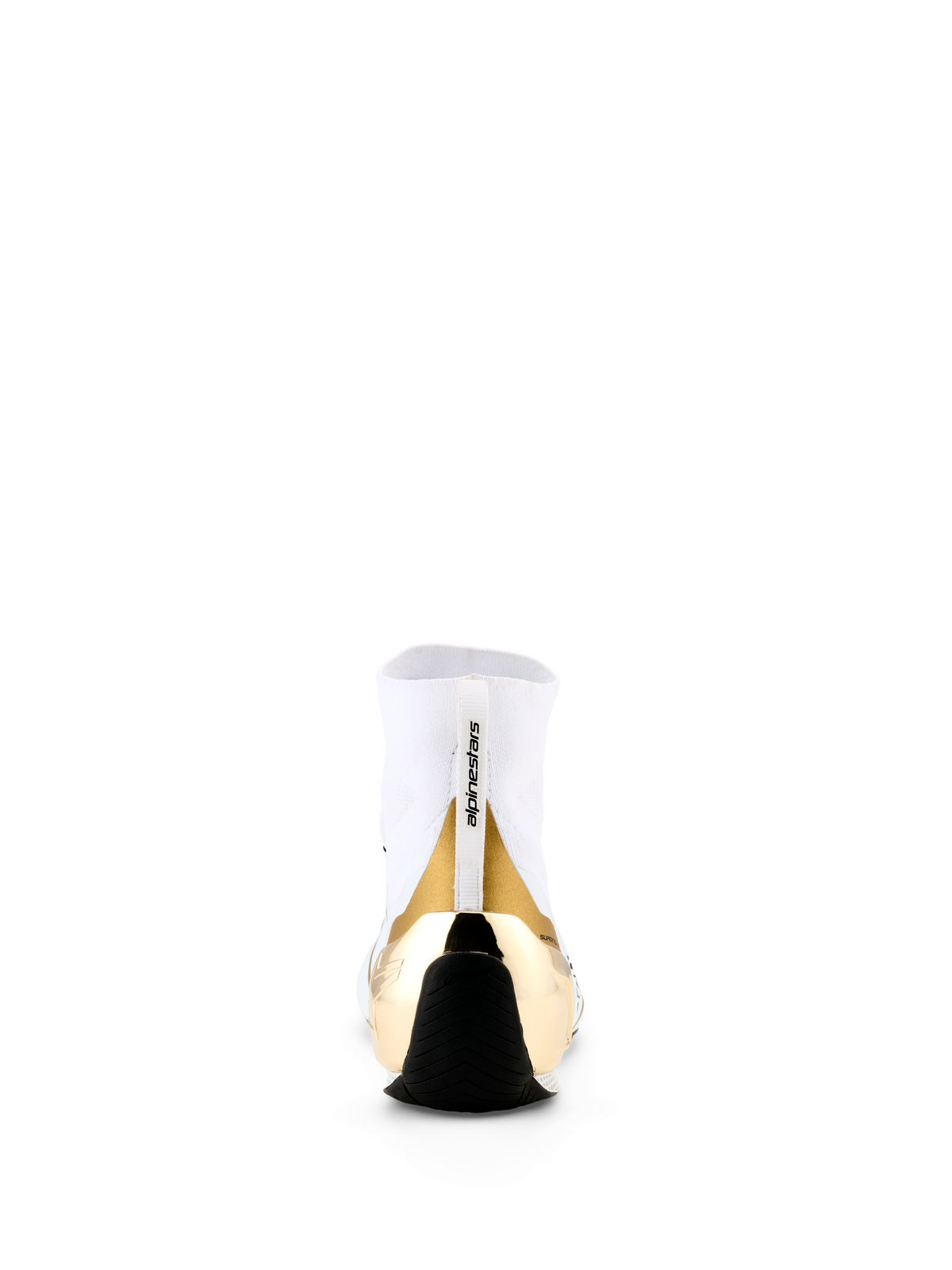 Alpinestars Supertech K Shoes - FIA, Karting Shoes, White and Gold, rear view featuring a metallic gold injected TPU heel counter, white knitted upper with branded pull tab, and thin black rubber sole.
