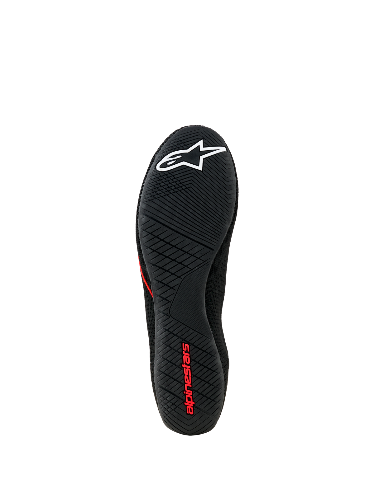 Alpinestars Tech Gaming Shoes, Outsole View, Black ultra-thin rubber sole with textured grip pattern, white star logo and red Alpinestars branding, SIM-racing footwear